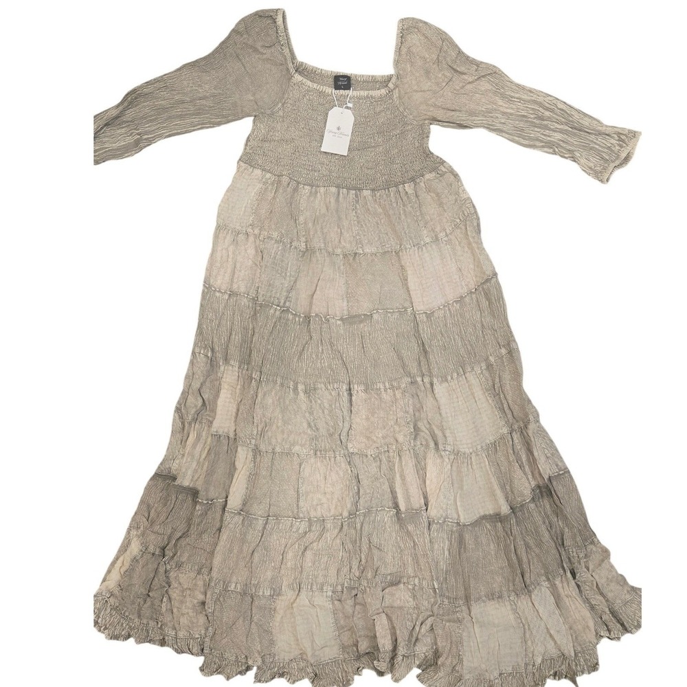 Young Threads Latte Cotton‎ Smocked Tiered Patchwork Maxi Dress DR44646 NWT-M